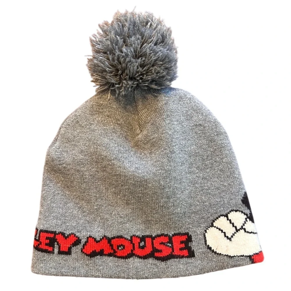 Disney H&M Mickey Mouse Hat Gray Pom Pom Kids Child Size 4-8 Youth‎ Knit Beanie